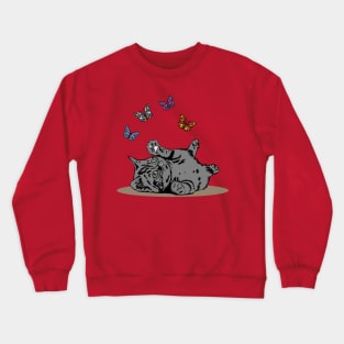 Grey Kitten Playing With Butterflies Crewneck Sweatshirt